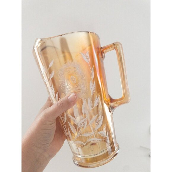 Cosmos by Jeannette Vintage Amber Glass Pitcher With Floral Etching & Handle 8" - Picture 2 of 6
